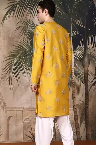 Mustard silk blend solid kurta pajama for mens