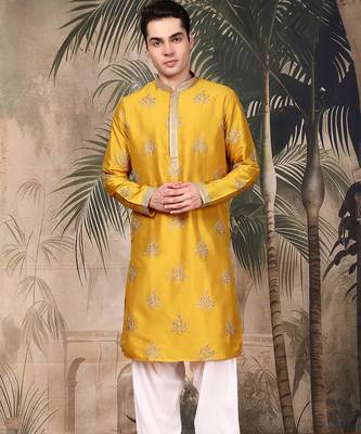 Mustard silk blend solid kurta pajama for mens 5