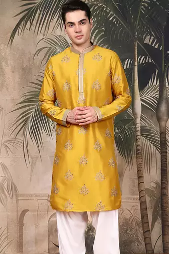 Mustard silk blend solid kurta pajama for mens