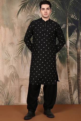 Black silk blend solid kurta pajama for mens