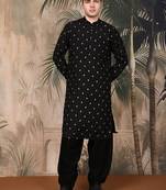 Black silk blend solid kurta pajama for mens
