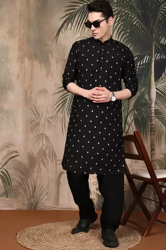 Black silk blend solid kurta pajama for mens