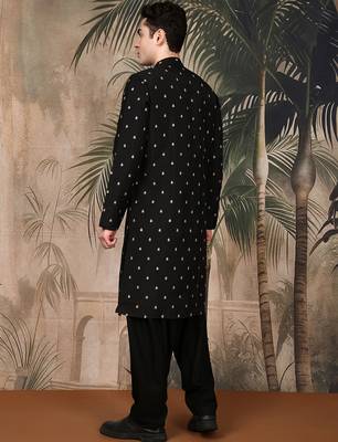 Black silk blend solid kurta pajama for mens 4