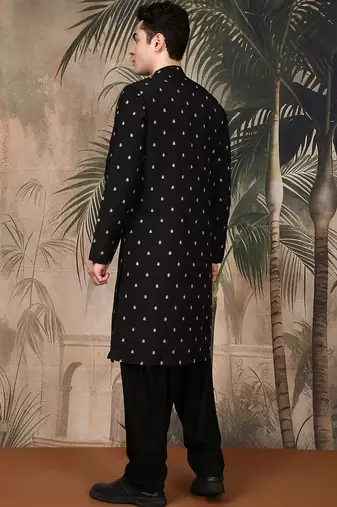 Black silk blend solid kurta pajama for mens