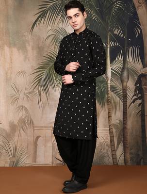 Black silk blend solid kurta pajama for mens 5