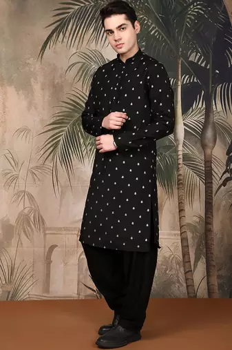 Black silk blend solid kurta pajama for mens