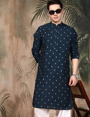 Blue silk blend solid kurta pajama for mens 2