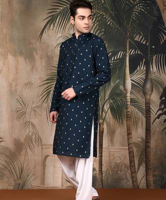 Blue silk blend solid kurta pajama for mens 3