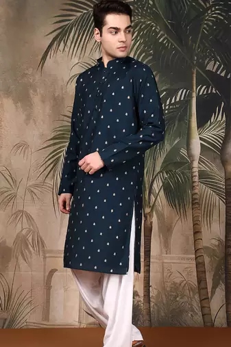 Blue silk blend solid kurta pajama for mens