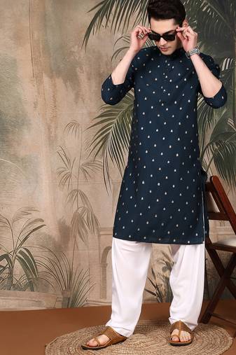 Blue silk blend solid kurta pajama for mens