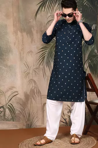 Blue silk blend solid kurta pajama for mens