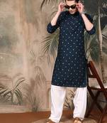 Blue silk blend solid kurta pajama for mens