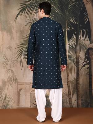 Blue silk blend solid kurta pajama for mens 4