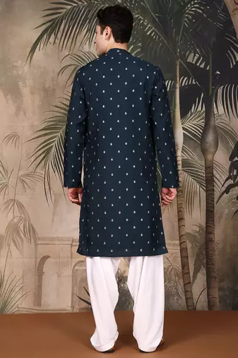 Blue silk blend solid kurta pajama for mens