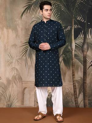 Blue silk blend solid kurta pajama for mens 5