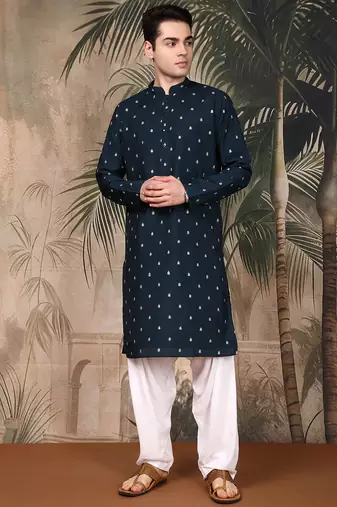 Blue silk blend solid kurta pajama for mens