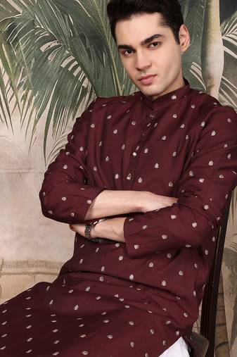 Maroon silk blend solid kurta pajama for mens