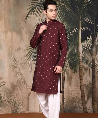 Maroon silk blend solid kurta pajama for mens 3