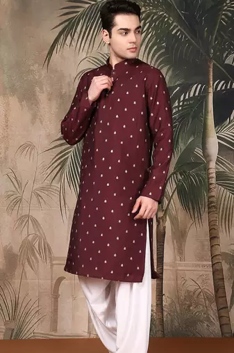 Maroon silk blend solid kurta pajama for mens