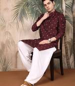 Maroon silk blend solid kurta pajama for mens