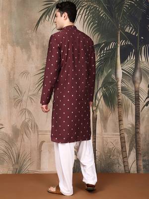 Maroon silk blend solid kurta pajama for mens 4