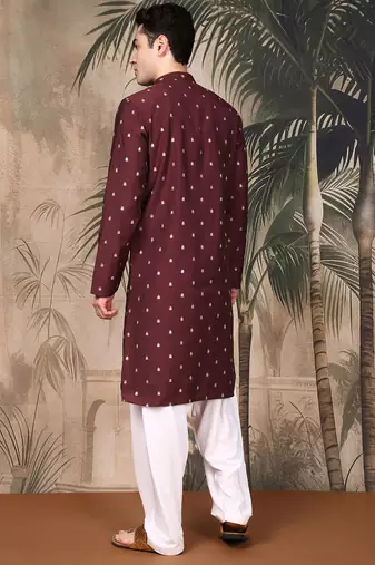 Maroon silk blend solid kurta pajama for mens