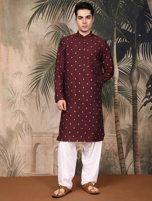 Maroon silk blend solid kurta pajama for mens 5
