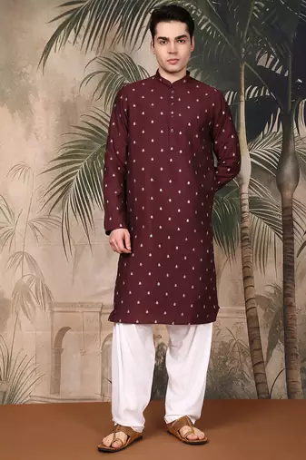 Maroon silk blend solid kurta pajama for mens