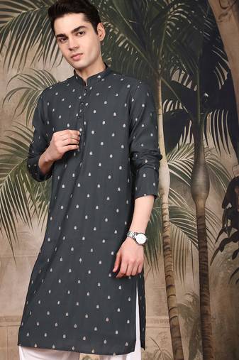 Teal blue silk blend solid kurta pajama for mens