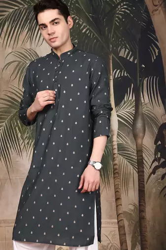 Teal blue silk blend solid kurta pajama for mens
