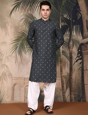 Teal blue silk blend solid kurta pajama for mens 1