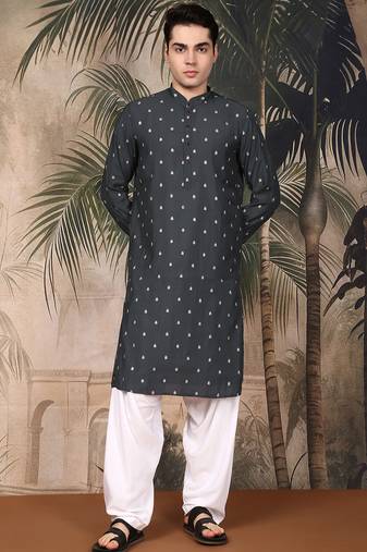 Teal blue silk blend solid kurta pajama for mens