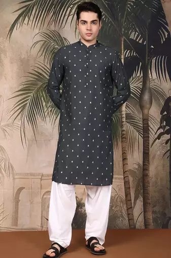 Teal blue silk blend solid kurta pajama for mens