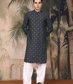 Teal blue silk blend solid kurta pajama for mens
