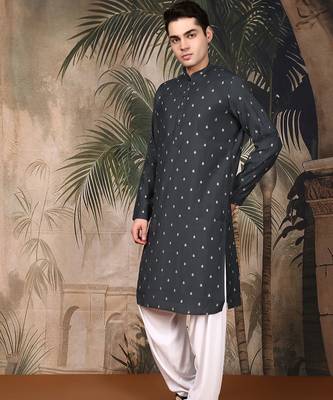 Teal blue silk blend solid kurta pajama for mens 3