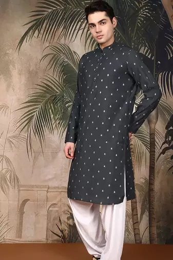 Teal blue silk blend solid kurta pajama for mens