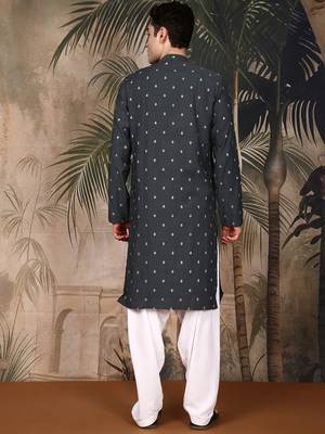 Teal blue silk blend solid kurta pajama for mens 4