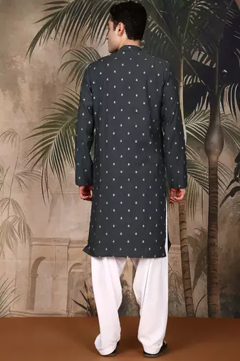 Teal blue silk blend solid kurta pajama for mens