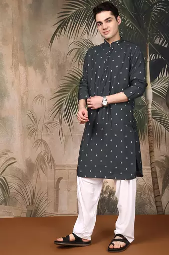 Teal blue silk blend solid kurta pajama for mens