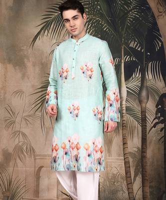 Blue cotton floral kurta pajama for mens 1