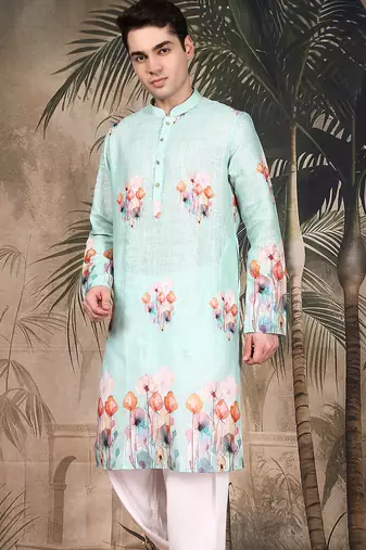 Blue cotton floral kurta pajama for mens