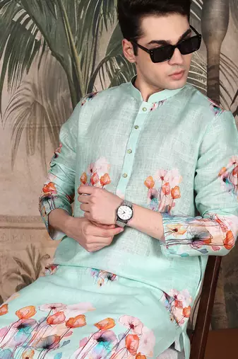 Blue cotton floral kurta pajama for mens