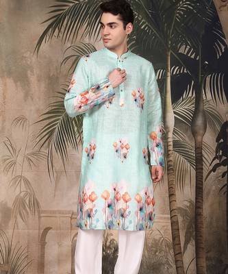Blue cotton floral kurta pajama for mens 3