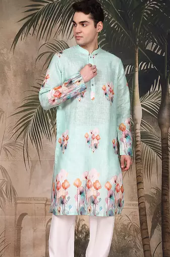 Blue cotton floral kurta pajama for mens