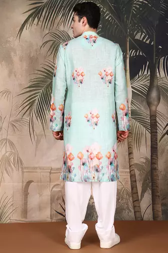 Blue cotton floral kurta pajama for mens