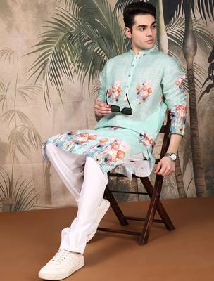 Blue cotton floral kurta pajama for mens 5