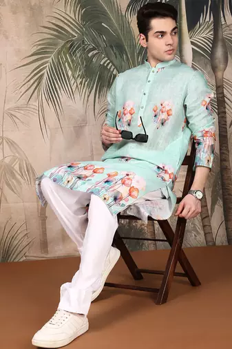 Blue cotton floral kurta pajama for mens
