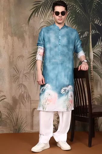 Blue cotton floral kurta pajama for mens