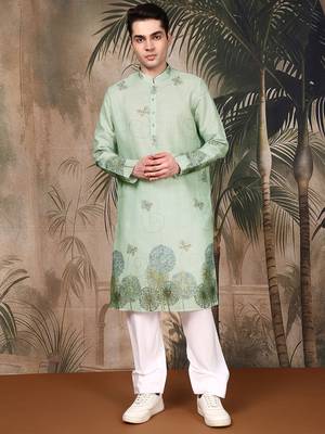 Green cotton floral kurta pajama for mens 1
