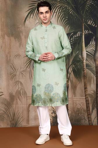 Green cotton floral kurta pajama for mens